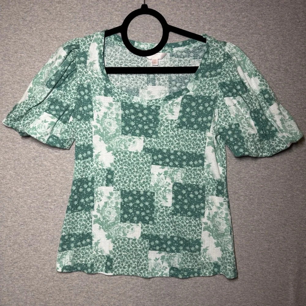 Lauren Conrad Puff Sleeve Top XS Green Patchwork Floral Cottagecore Romantic - Picture 2 of 8